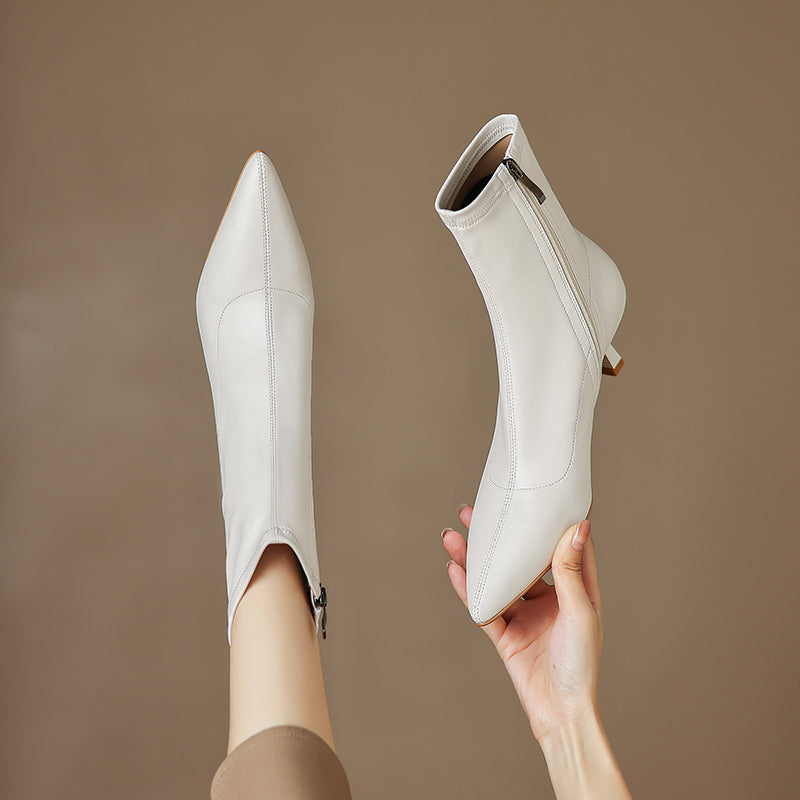 Women's Pointed Toe Stretch Leather Ankle Boots Mid Kitten Heel Sock Boots