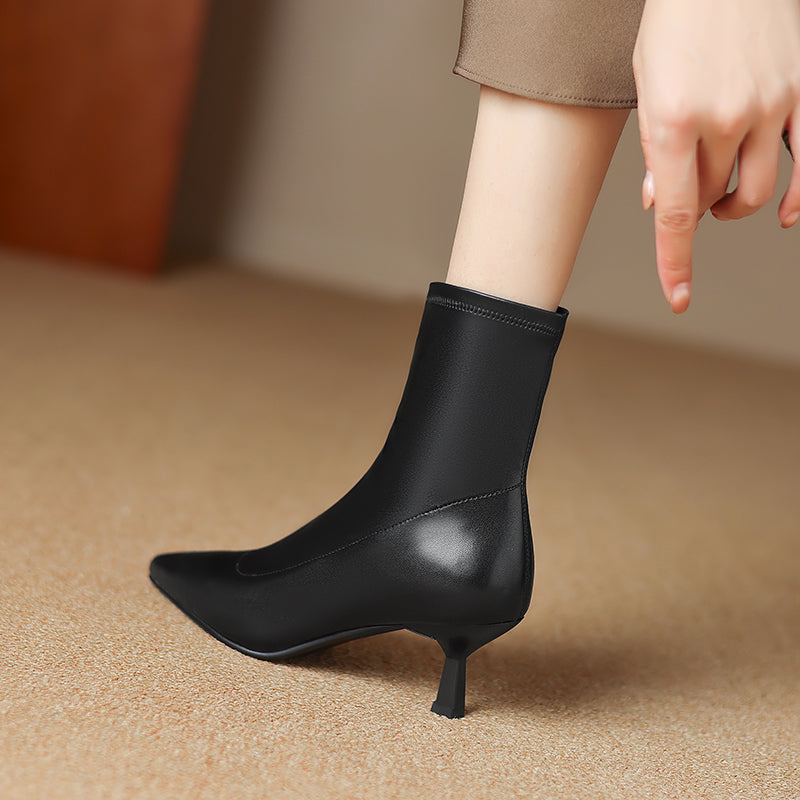 Women's Pointed Toe Stretch Leather Ankle Boots Mid Kitten Heel Sock Boots
