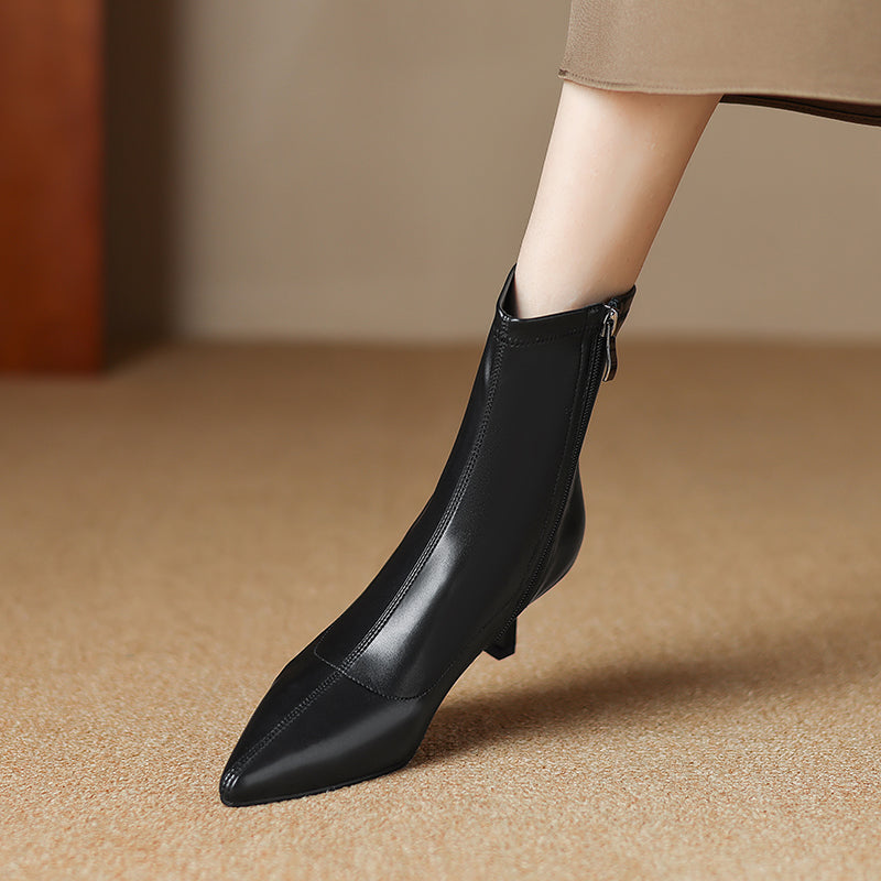 Women's Pointed Toe Stretch Leather Ankle Boots Mid Kitten Heel Sock Boots