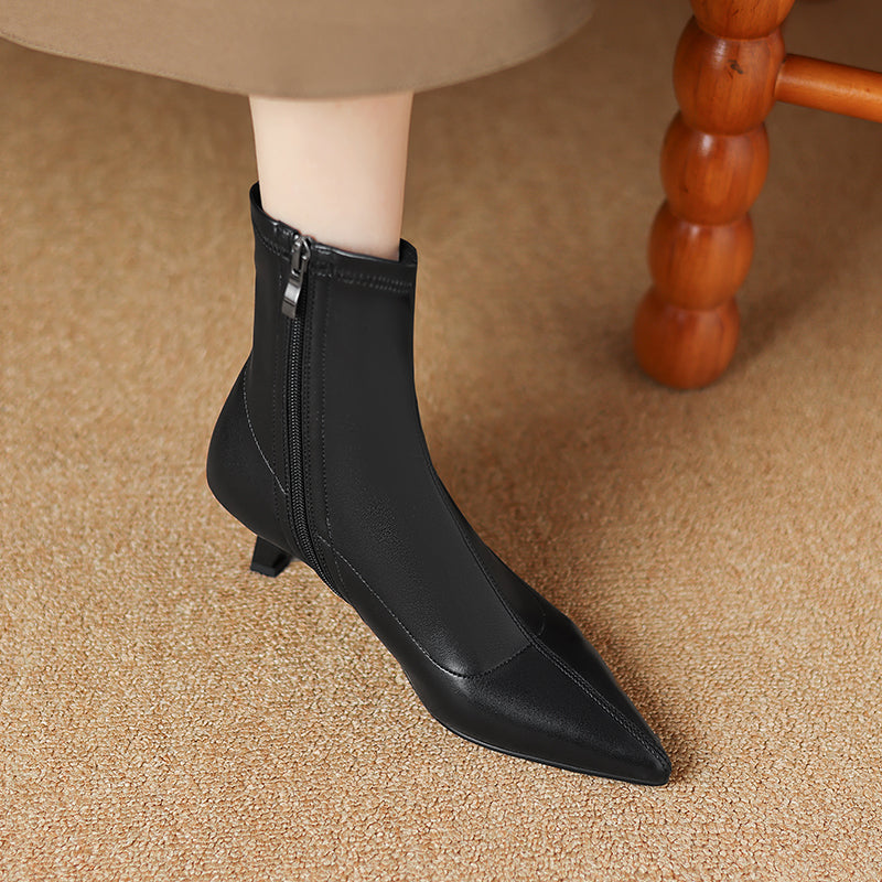 Women's Pointed Toe Stretch Leather Ankle Boots Mid Kitten Heel Sock Boots