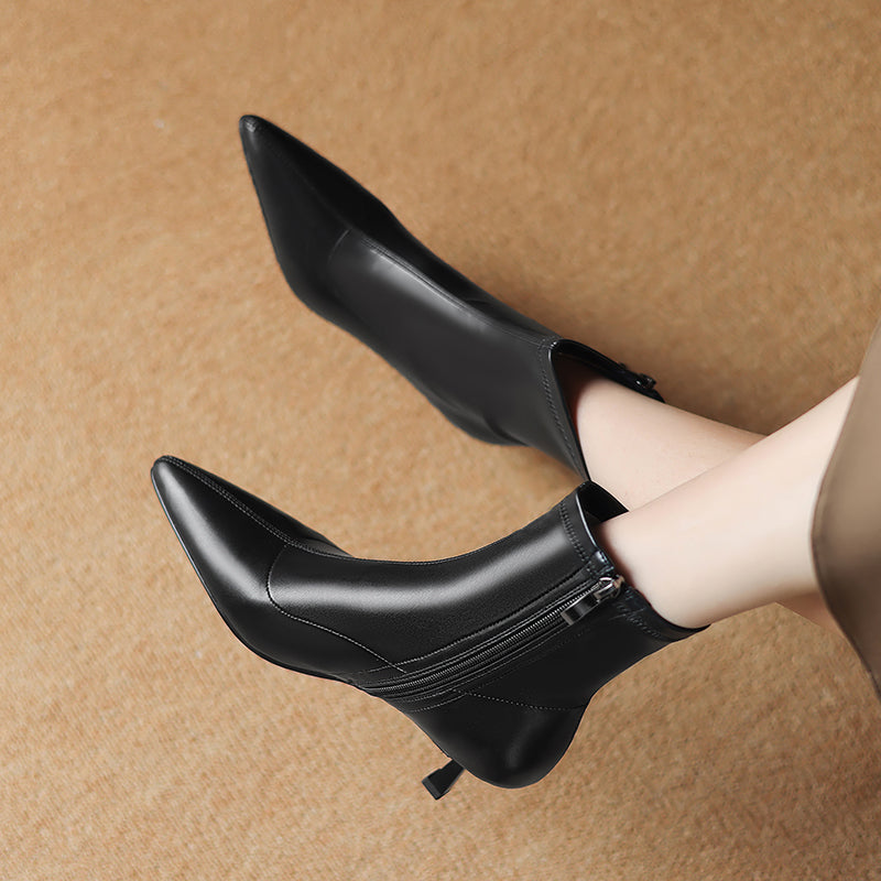 Women's Pointed Toe Stretch Leather Ankle Boots Mid Kitten Heel Sock Boots