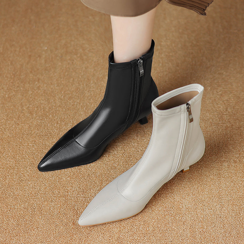 Women's Pointed Toe Stretch Leather Ankle Boots Mid Kitten Heel Sock Boots