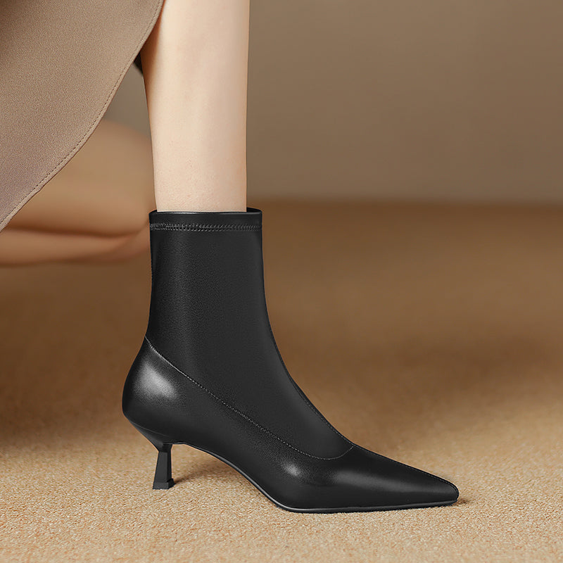 Women's Pointed Toe Stretch Leather Ankle Boots Mid Kitten Heel Sock Boots