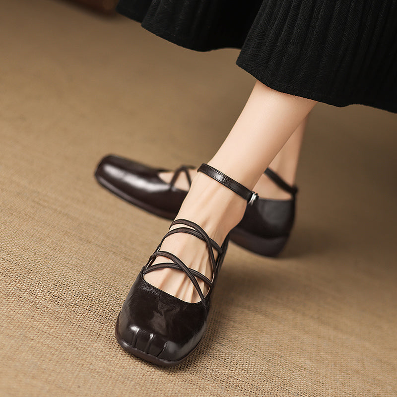 Women's Sheepskin Flats - Block Heel - Square Toe Strappy Mary Janes