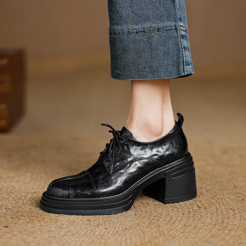 Women's Retro Leather Oxford Shoes Vintage Round Toe Platform Chunky High Heels
