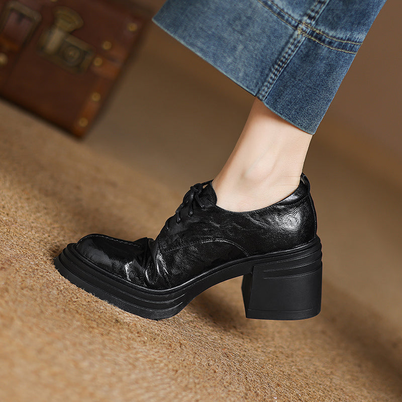 Women's Retro Leather Oxford Shoes Vintage Round Toe Platform Chunky High Heels