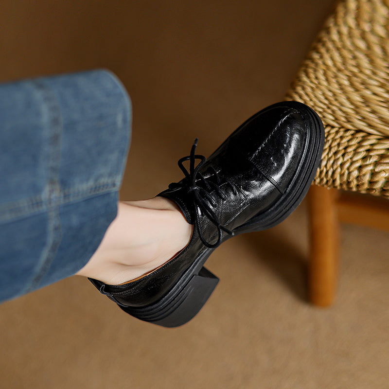 Women's Retro Leather Oxford Shoes Vintage Round Toe Platform Chunky High Heels