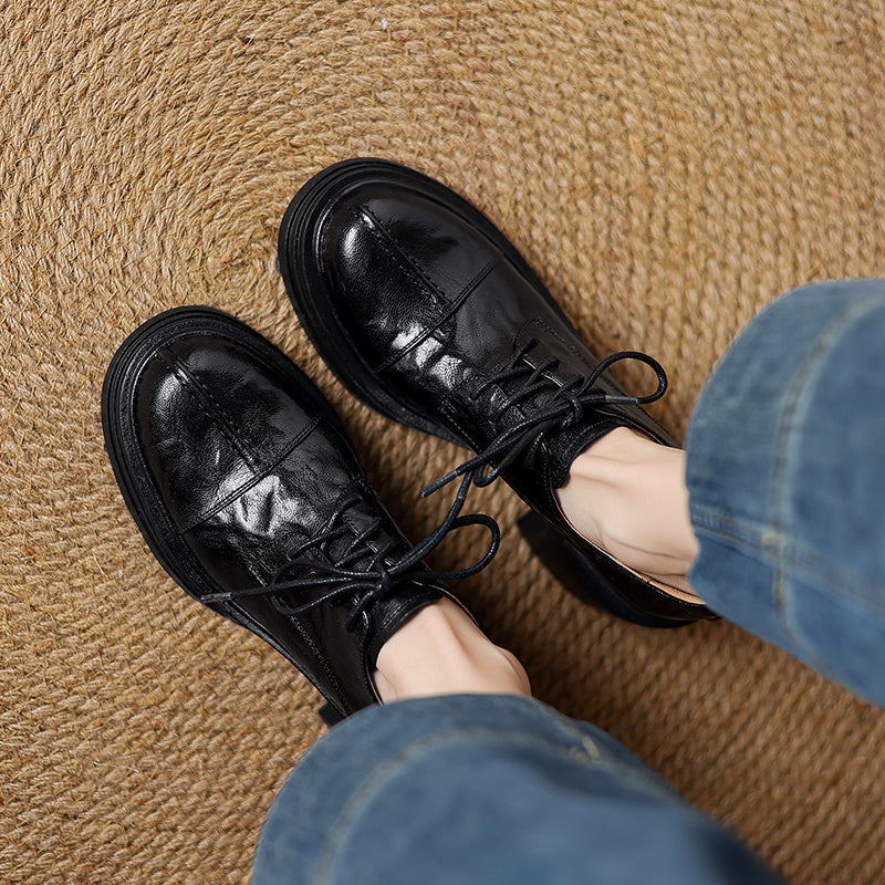Women's Retro Leather Oxford Shoes Vintage Round Toe Platform Chunky High Heels