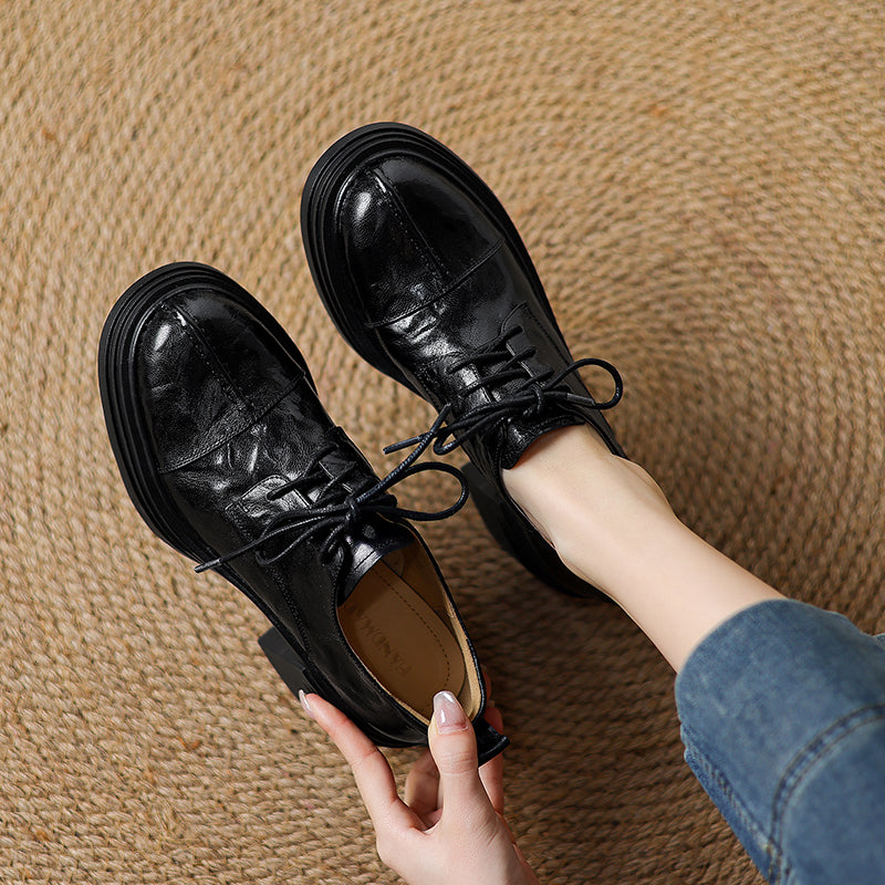 Women's Retro Leather Oxford Shoes Vintage Round Toe Platform Chunky High Heels