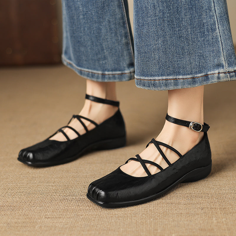 Women's Sheepskin Flats - Block Heel - Square Toe Strappy Mary Janes