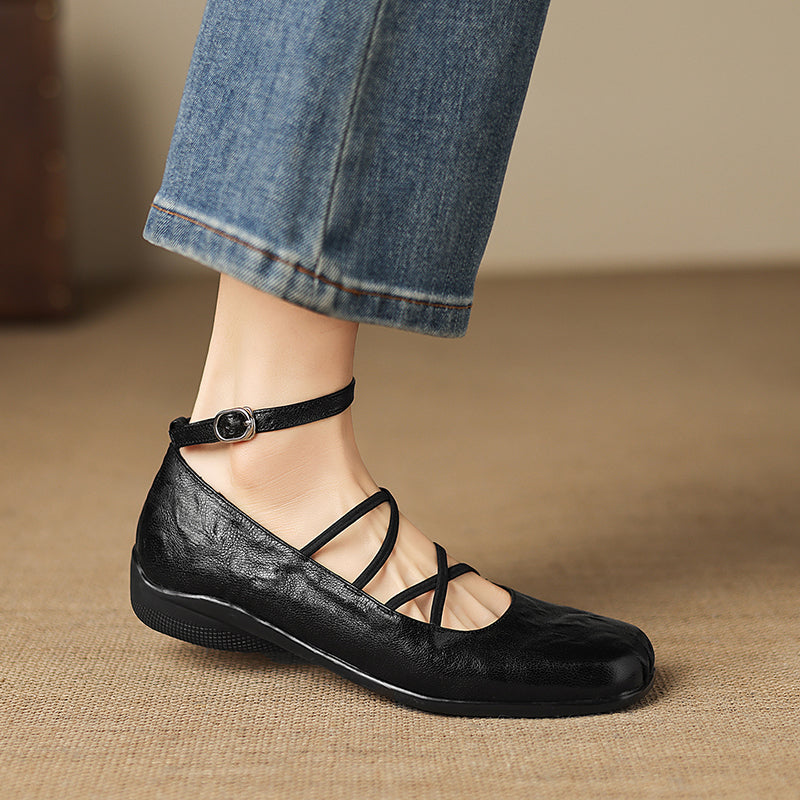 Women's Sheepskin Flats - Block Heel - Square Toe Strappy Mary Janes