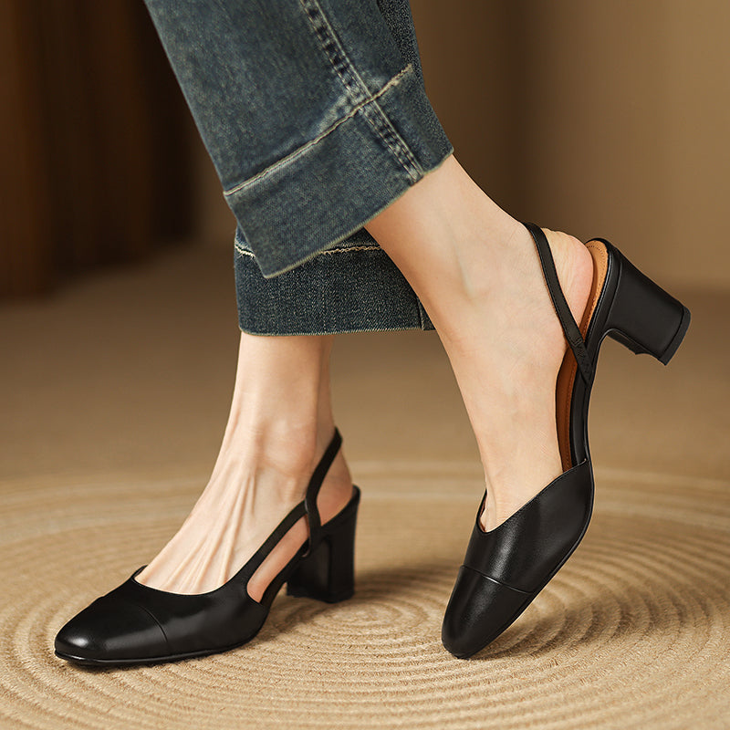 Women's Minimalist Genuine Leather Block Heels - Sophisticated Side-Cutout Slingbacks