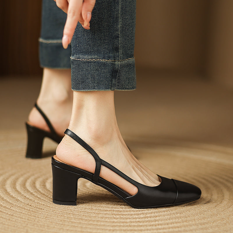 Women's Minimalist Genuine Leather Block Heels - Sophisticated Side-Cutout Slingbacks