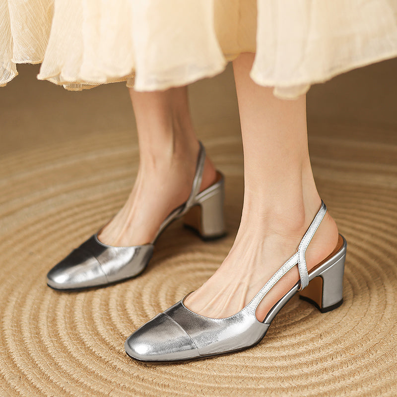 Women's Minimalist Genuine Leather Block Heels - Sophisticated Side-Cutout Slingbacks
