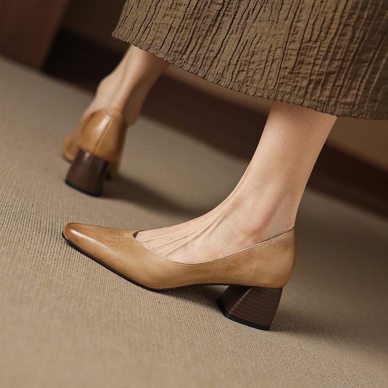 Modern Square-Toe Leather Heels - Hand-Burnished Office Pumps - Luxurious Sheepskin Cushioned Insole