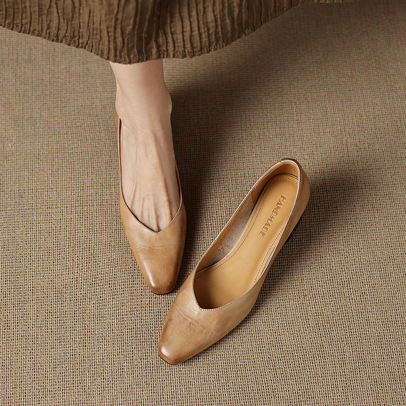 Modern Square-Toe Leather Heels - Hand-Burnished Office Pumps - Luxurious Sheepskin Cushioned Insole