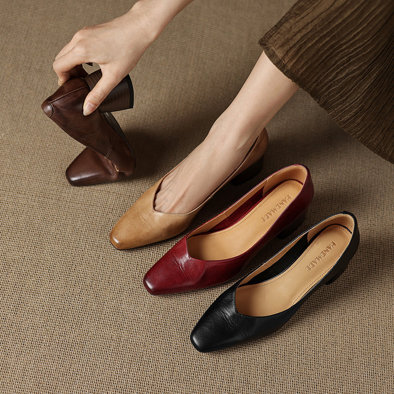 Modern Square-Toe Leather Heels - Hand-Burnished Office Pumps - Luxurious Sheepskin Cushioned Insole