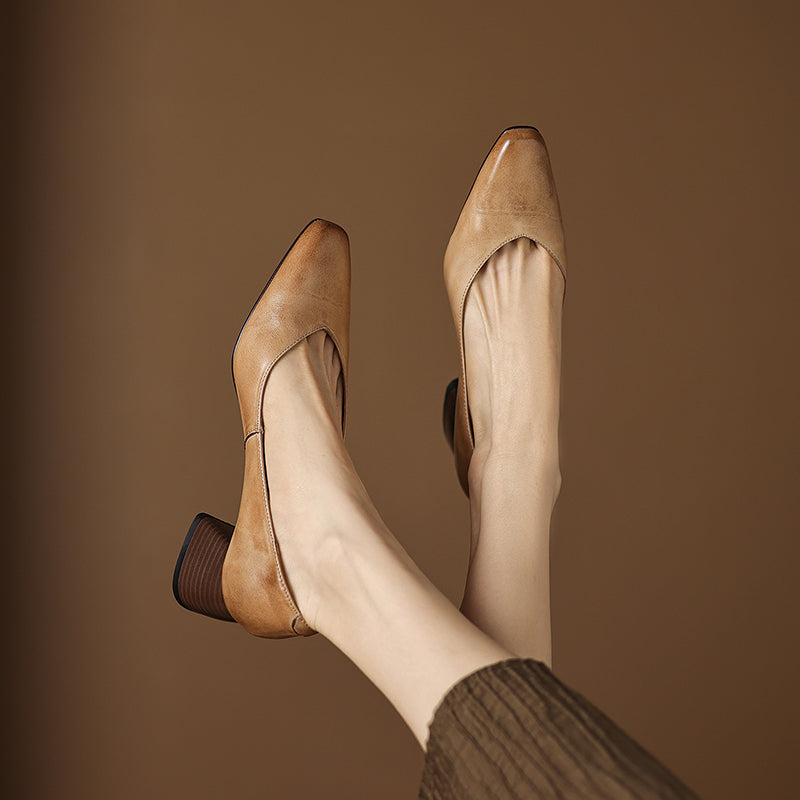 Modern Square-Toe Leather Heels - Hand-Burnished Office Pumps - Luxurious Sheepskin Cushioned Insole