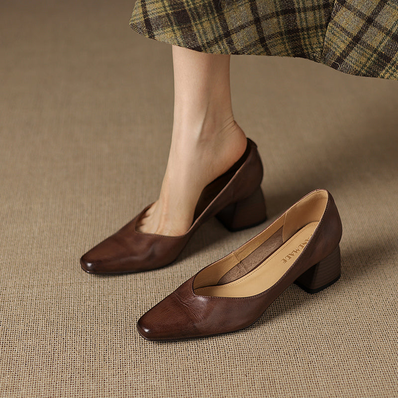 Modern Square-Toe Leather Heels - Hand-Burnished Office Pumps - Luxurious Sheepskin Cushioned Insole