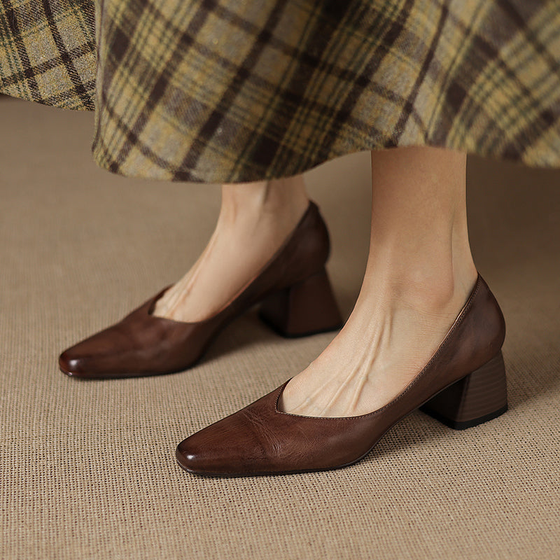 Modern Square-Toe Leather Heels - Hand-Burnished Office Pumps - Luxurious Sheepskin Cushioned Insole