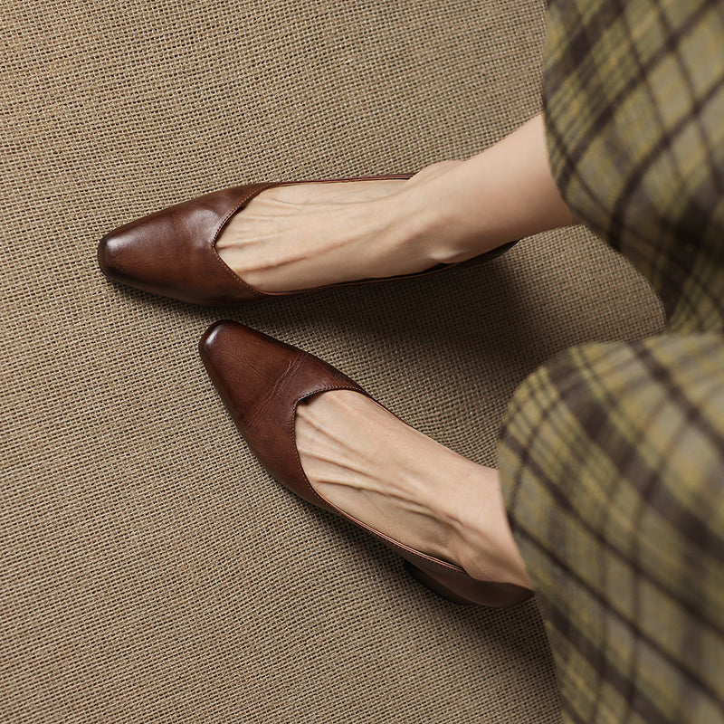 Modern Square-Toe Leather Heels - Hand-Burnished Office Pumps - Luxurious Sheepskin Cushioned Insole