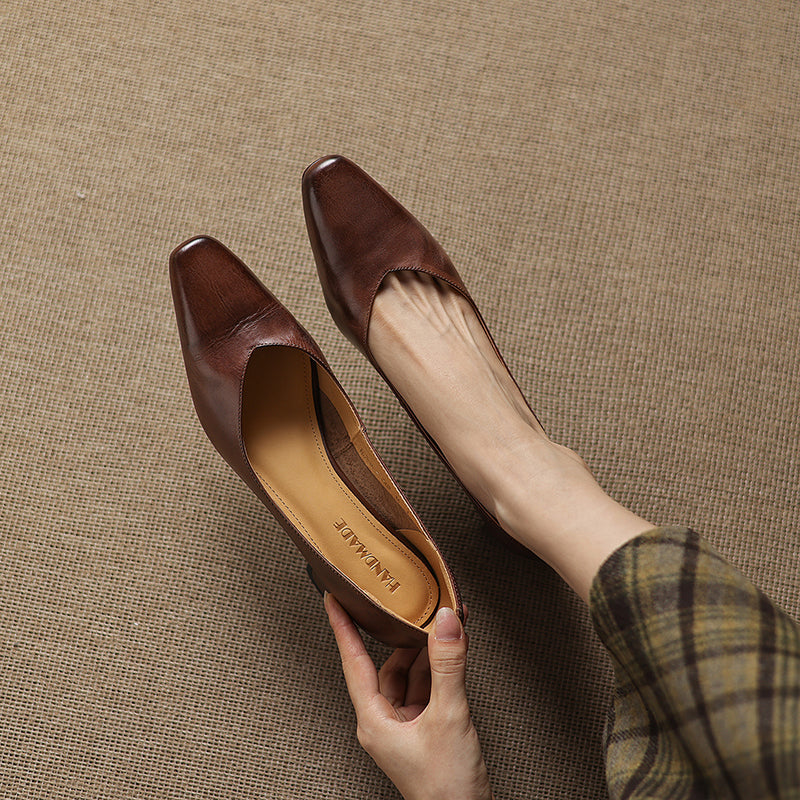 Modern Square-Toe Leather Heels - Hand-Burnished Office Pumps - Luxurious Sheepskin Cushioned Insole