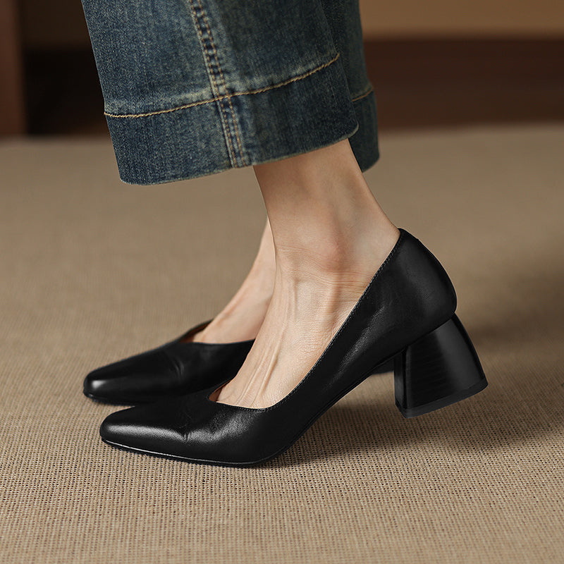Modern Square-Toe Leather Heels - Hand-Burnished Office Pumps - Luxurious Sheepskin Cushioned Insole