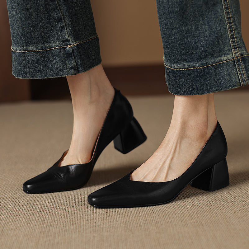Modern Square-Toe Leather Heels - Hand-Burnished Office Pumps - Luxurious Sheepskin Cushioned Insole