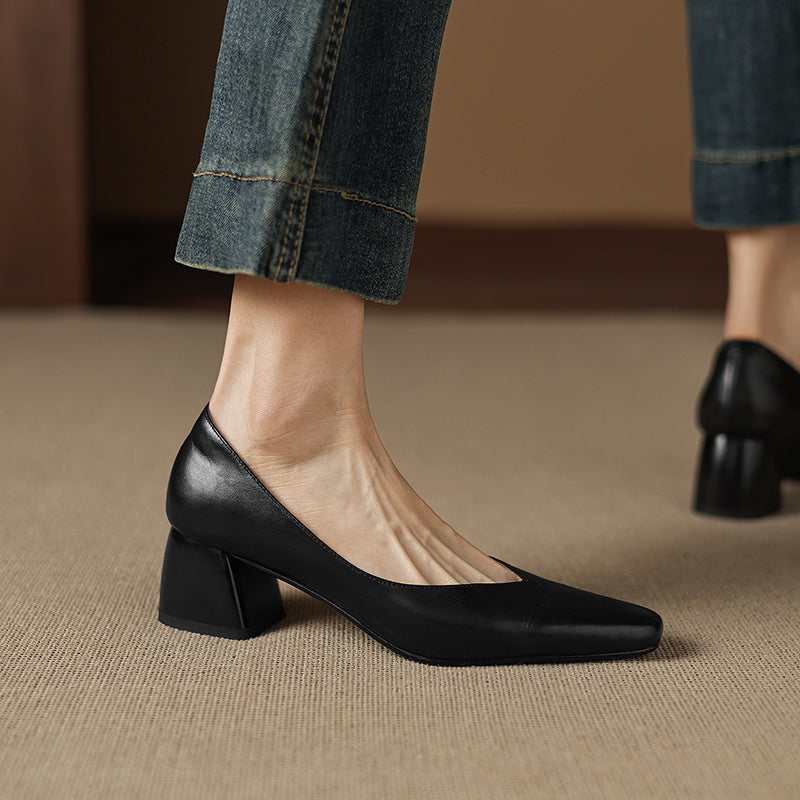 Modern Square-Toe Leather Heels - Hand-Burnished Office Pumps - Luxurious Sheepskin Cushioned Insole