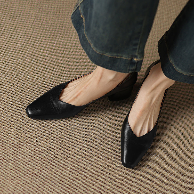 Modern Square-Toe Leather Heels - Hand-Burnished Office Pumps - Luxurious Sheepskin Cushioned Insole
