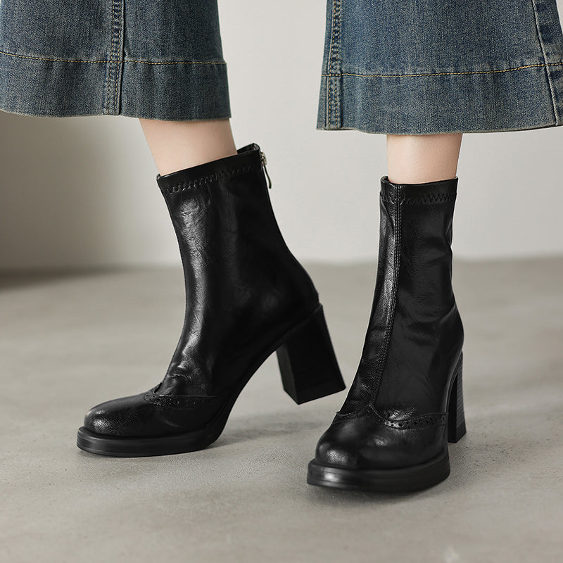 Women's Retro Leather Brogue Boots Vintage Round Toe Block High Heel Ankle Booties