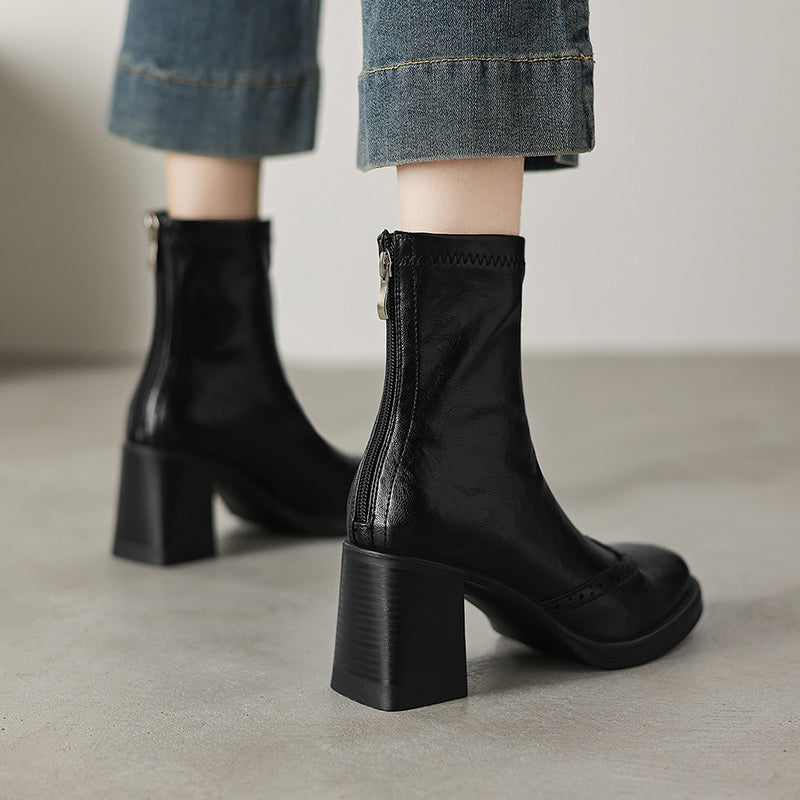 Women's Retro Leather Brogue Boots Vintage Round Toe Block High Heel Ankle Booties