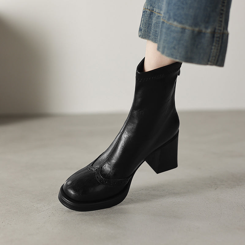 Women's Retro Leather Brogue Boots Vintage Round Toe Block High Heel Ankle Booties