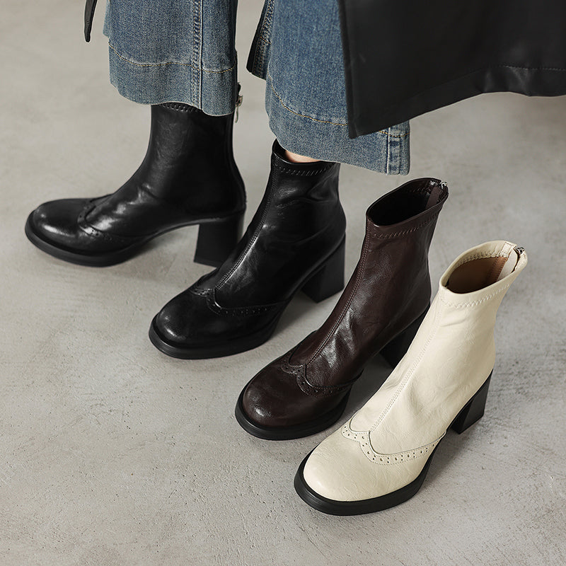 Women's Retro Leather Brogue Boots Vintage Round Toe Block High Heel Ankle Booties
