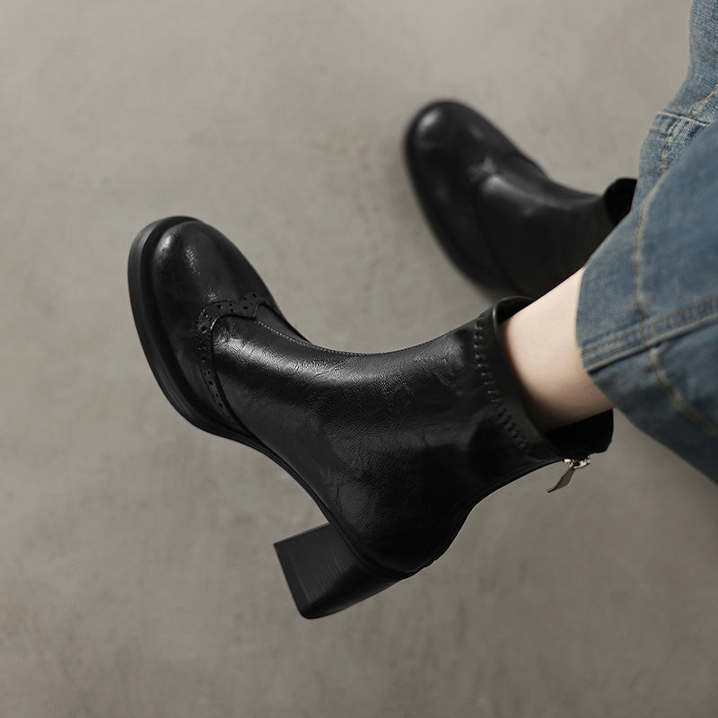Women's Retro Leather Brogue Boots Vintage Round Toe Block High Heel Ankle Booties