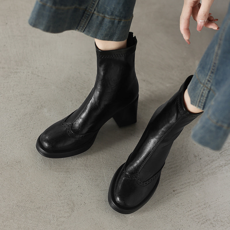 Women's Retro Leather Brogue Boots Vintage Round Toe Block High Heel Ankle Booties