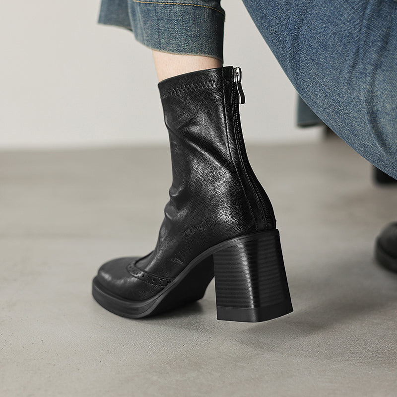 Women's Retro Leather Brogue Boots Vintage Round Toe Block High Heel Ankle Booties