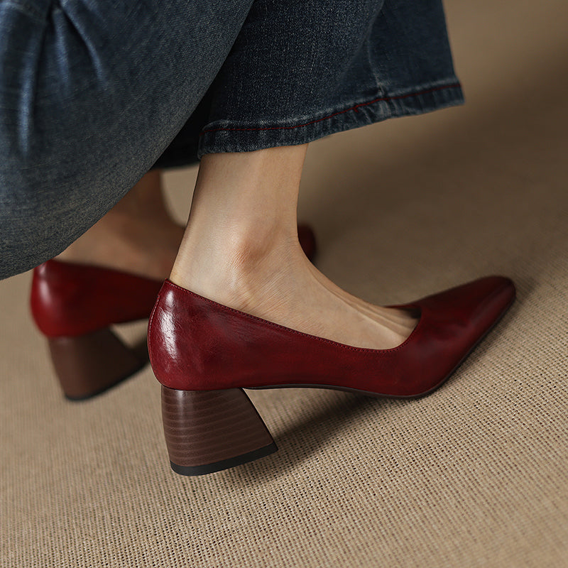 Modern Square-Toe Leather Heels - Hand-Burnished Office Pumps - Luxurious Sheepskin Cushioned Insole