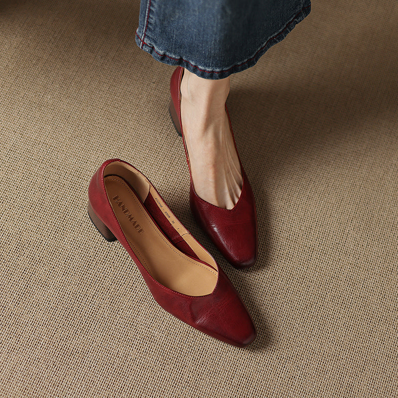 Modern Square-Toe Leather Heels - Hand-Burnished Office Pumps - Luxurious Sheepskin Cushioned Insole