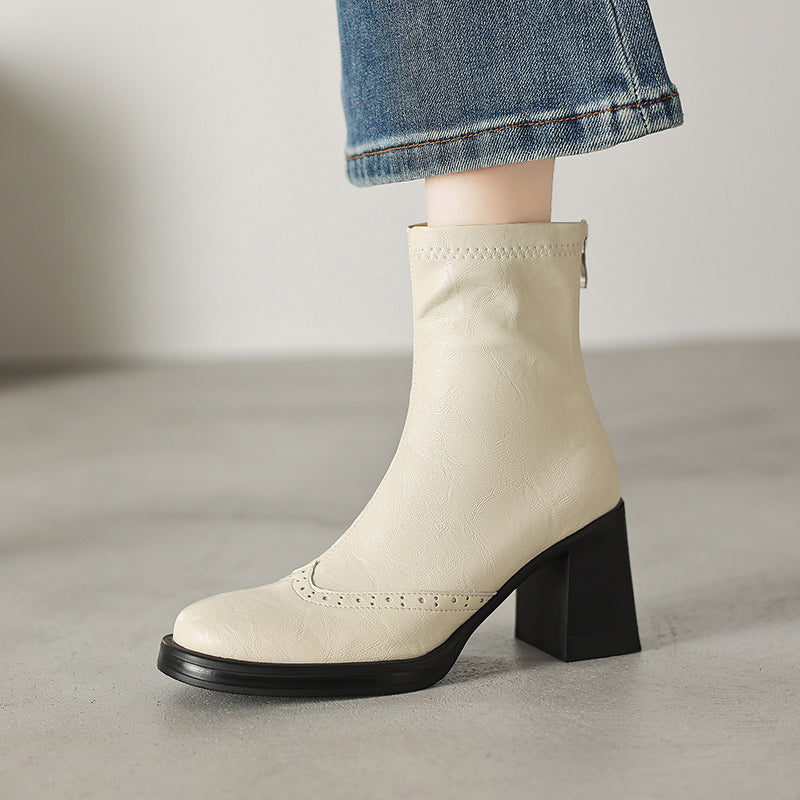 Women's Retro Leather Brogue Boots Vintage Round Toe Block High Heel Ankle Booties
