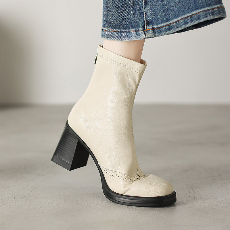 Women's Retro Leather Brogue Boots Vintage Round Toe Block High Heel Ankle Booties