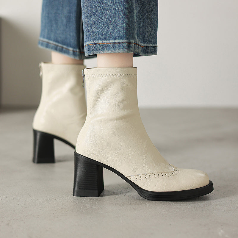 Women's Retro Leather Brogue Boots Vintage Round Toe Block High Heel Ankle Booties