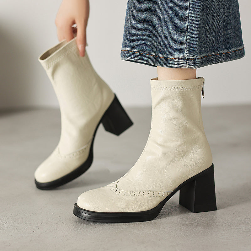 Women's Retro Leather Brogue Boots Vintage Round Toe Block High Heel Ankle Booties