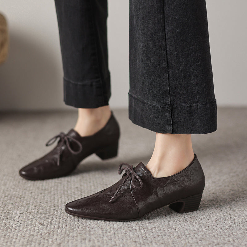 Artisanal Pointed Toe Leather Shoes - Sheepskin Lace-Up Pumps - Stable Mid-Heel Professional Footwear