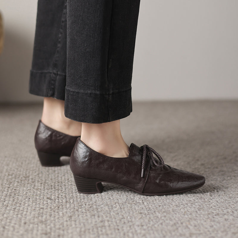 Artisanal Pointed Toe Leather Shoes - Sheepskin Lace-Up Pumps - Stable Mid-Heel Professional Footwear