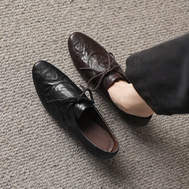 Artisanal Pointed Toe Leather Shoes - Sheepskin Lace-Up Pumps - Stable Mid-Heel Professional Footwear