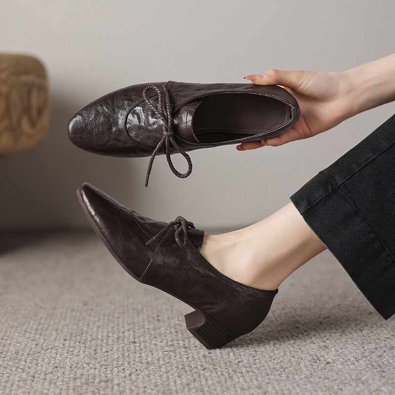 Artisanal Pointed Toe Leather Shoes - Sheepskin Lace-Up Pumps - Stable Mid-Heel Professional Footwear