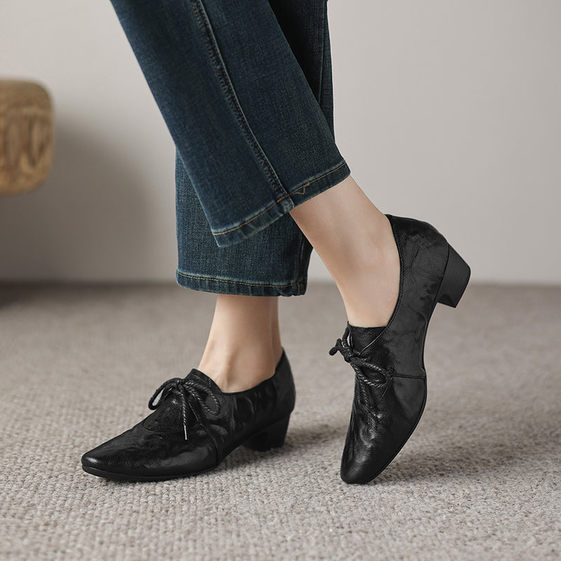 Artisanal Pointed Toe Leather Shoes - Sheepskin Lace-Up Pumps - Stable Mid-Heel Professional Footwear