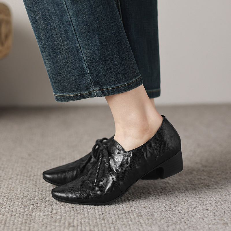 Artisanal Pointed Toe Leather Shoes - Sheepskin Lace-Up Pumps - Stable Mid-Heel Professional Footwear
