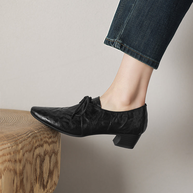 Artisanal Pointed Toe Leather Shoes - Sheepskin Lace-Up Pumps - Stable Mid-Heel Professional Footwear